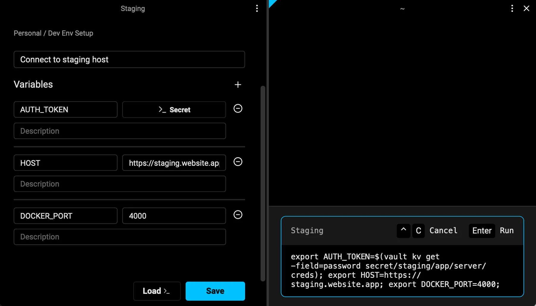 Opening the dynamic environment variable menu via the key icon in the editor.